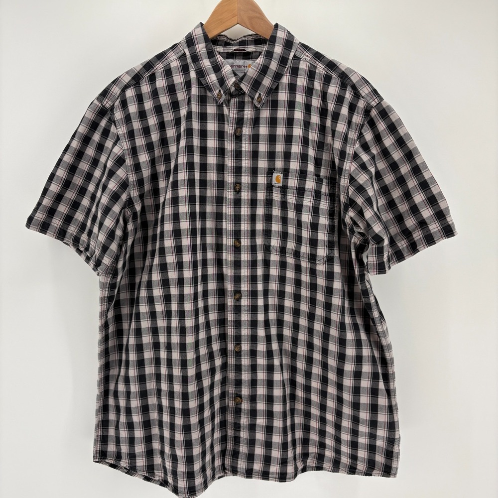 Carhartt Mens Relaxed Fit Plaid Short Sleeve Button Down Shirt Black White XL